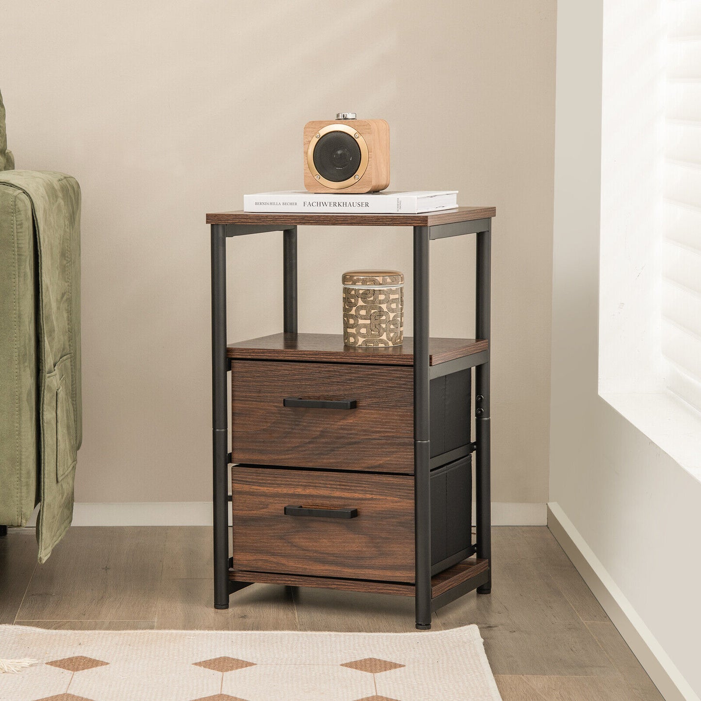 Nightstand Bedside End Table with 2 Fabric Drawers Storage Shelf for living room