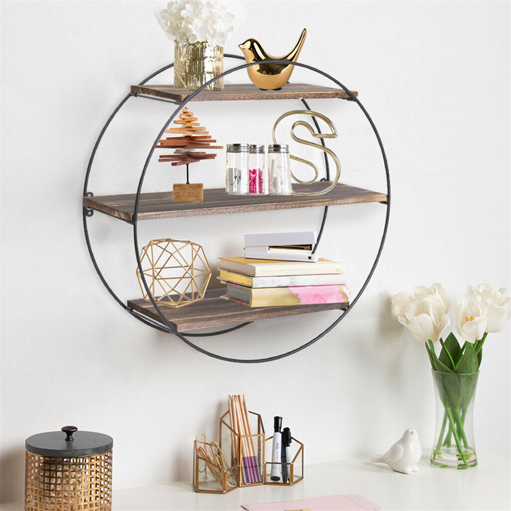 Vintage Round Wall Shelves Unit Industrial Metal Floating Shelf Storage Rack Dec