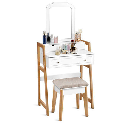 Makeup Vanity Table w/ 3 Drawers & Mirror Cushioned Stool CosmeticSet