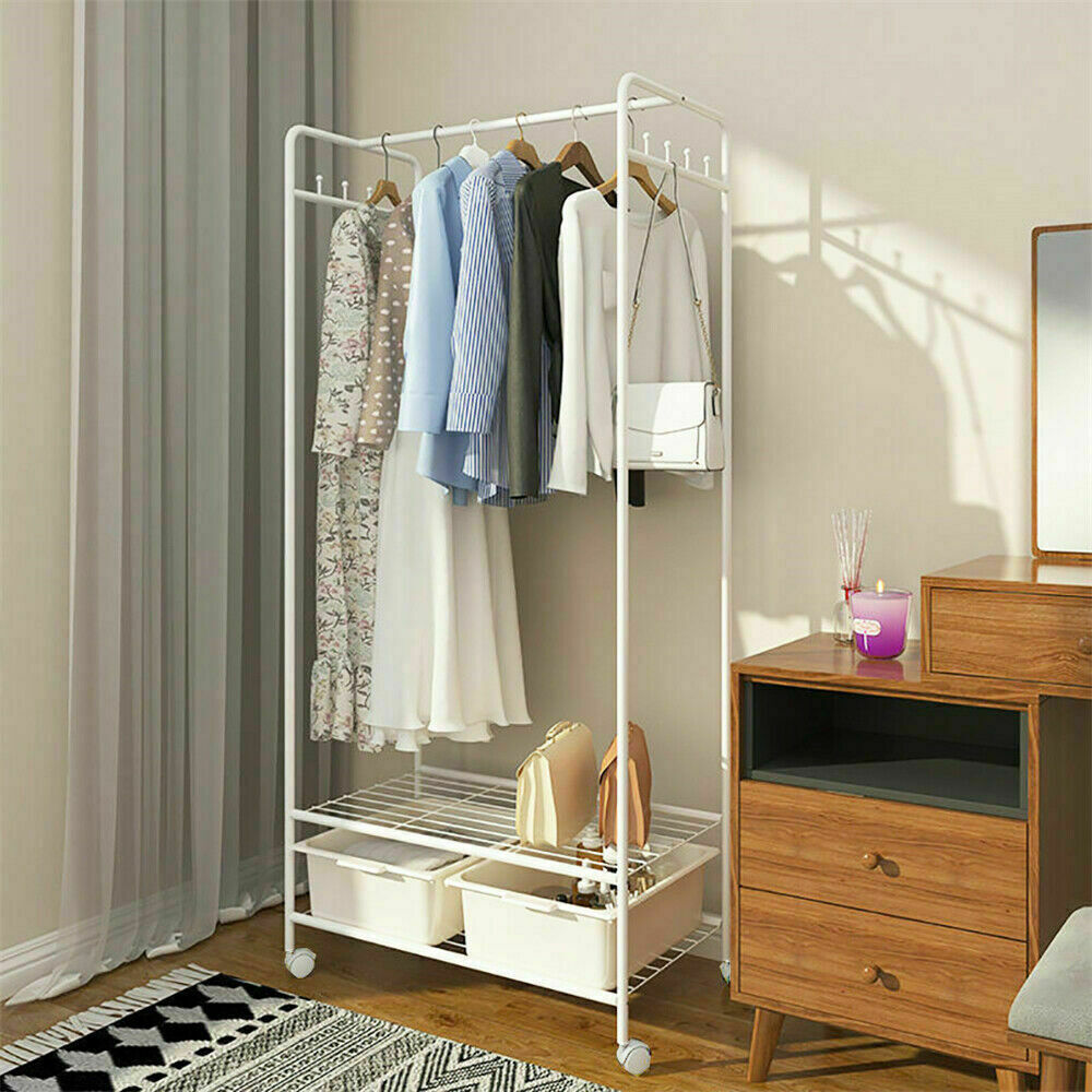 Organize in Style Portable Closet Wardrobe with Freestanding Garment Rack and 2 Shelves on Wheels