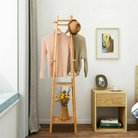 Bamboo Hall Tree Coat Rack w/ 2 Tier Storage Shelves Home Bedroom Clothes Hanger