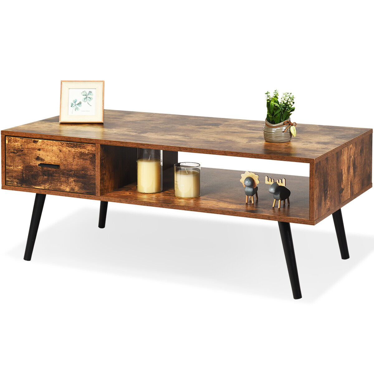 Retro Coffee Table Mid Century Modern Living Room Furniture w/Open Storage Shelf