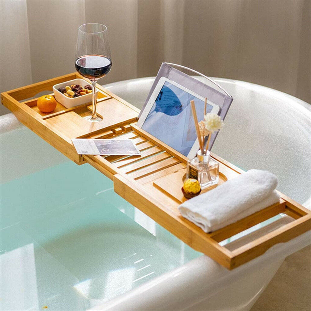 Bathtub Caddy Bamboo Bath Tub Rack Tray Extending Sides Tablet Wine Glass Holder