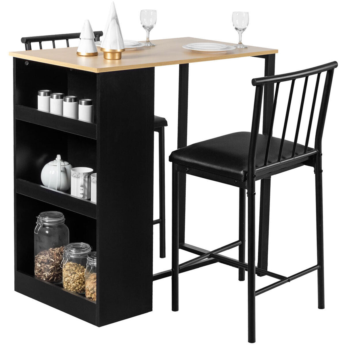 3 Piece Counter Height Pub Dining Set Kitchen Table & Chairs w/ Storage Natural