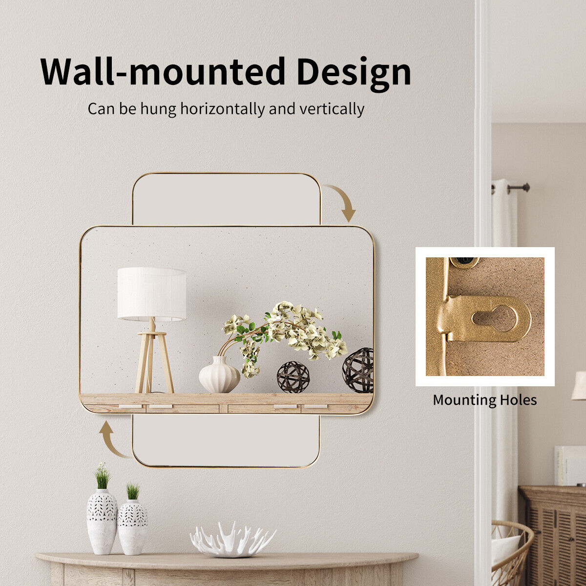 Bathroom Mirror Square Wall-Mounted Mirror Metal Frame 50 x 80cm Golden