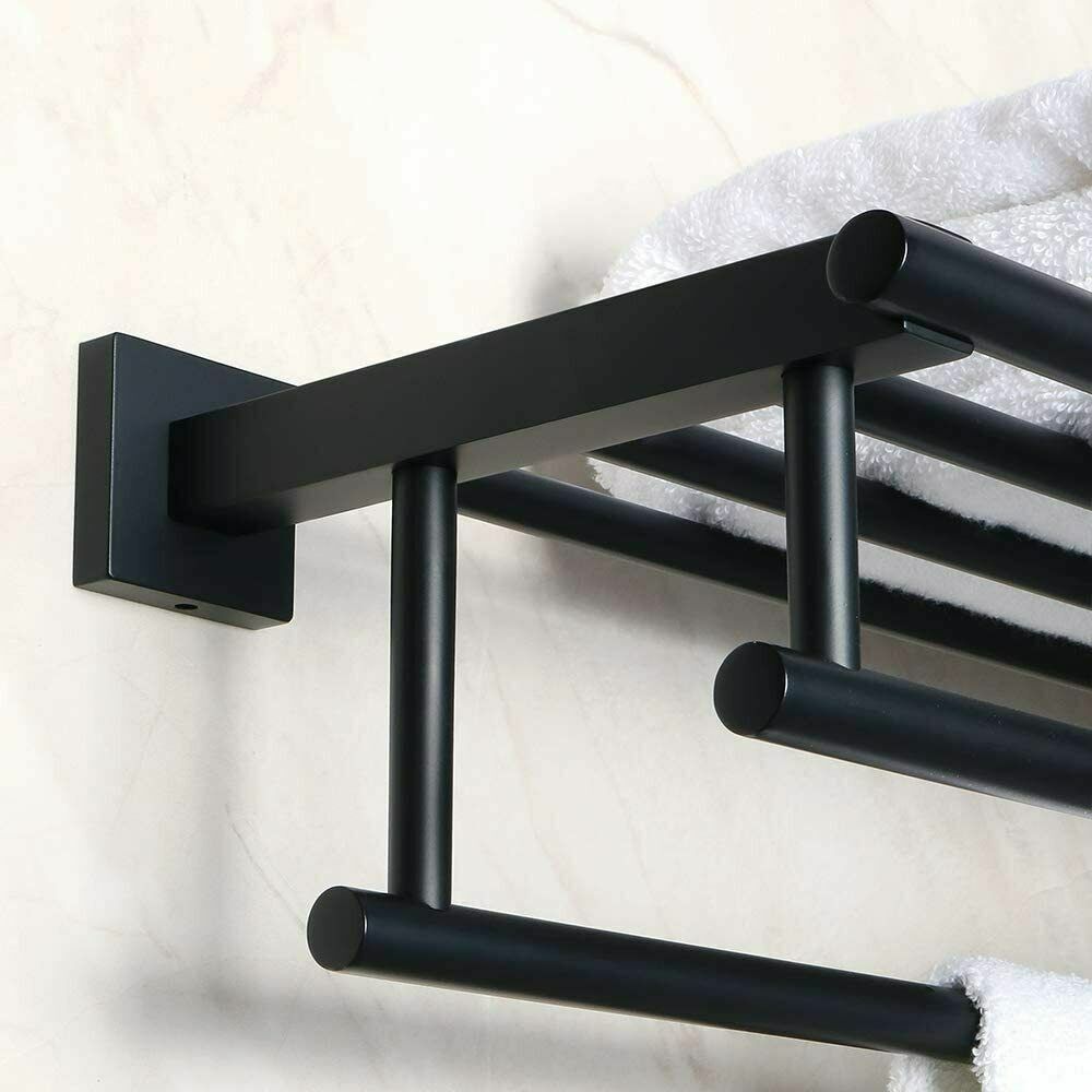 Bathroom Lavatory Towel Rack Shelf Two Bars Wall Mount,SUS 304 Stainless Steel