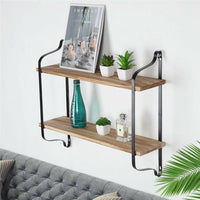 2 Layer Wood Wall Shelves Home Decor Floating Shelf Metal Hanging Storage Rack