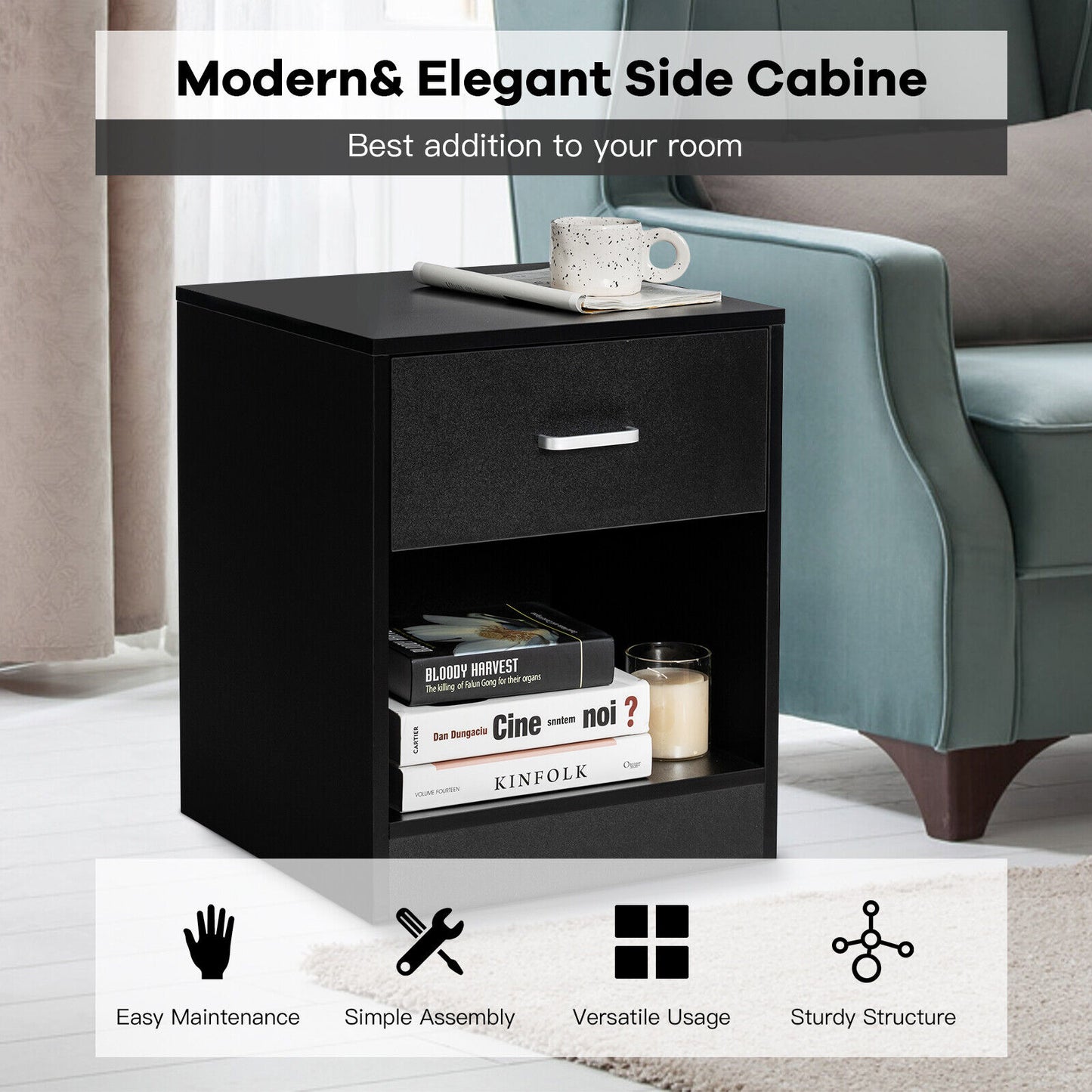 2PCS Nightstand with Drawer Storage Cabinet Modern Beside Table Black