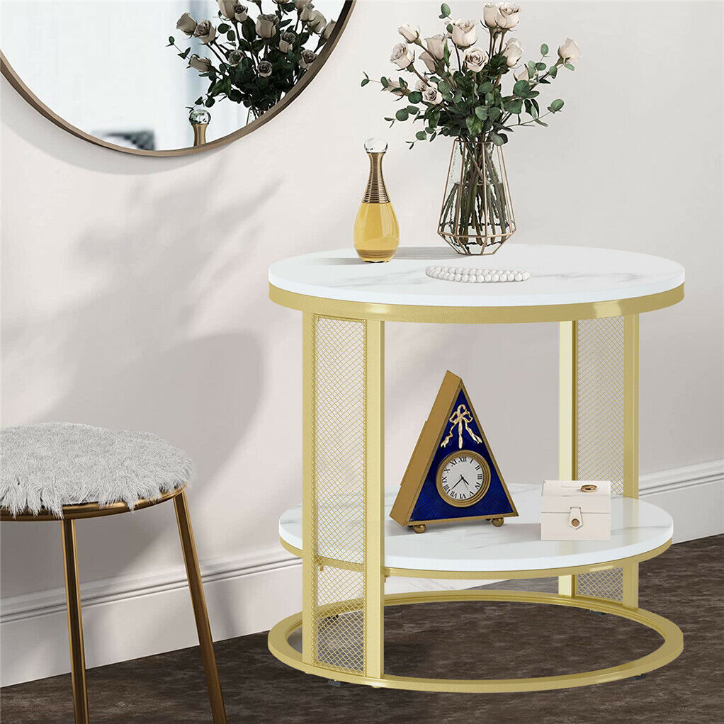 White Marble Side End Table Round Coffee Accent Table Nightstand Gold Iron Frame