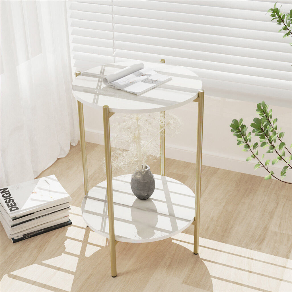 Gold Round Side End Table Bedside Small Coffee Table with Marble Top&Gold Frame