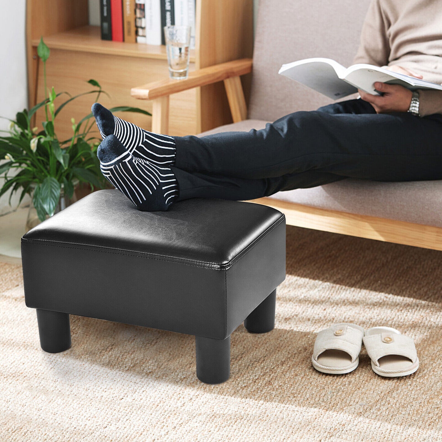 Small Ottoman PU Leather Footrest Rectangular Seat Stool Black Up to150KG