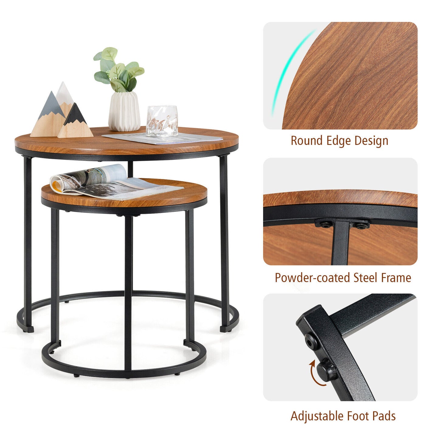 Fine Store - Set of 2 Wooden Brown Round Nesting Coffee Tables, Brown Side End Table, Accent Table