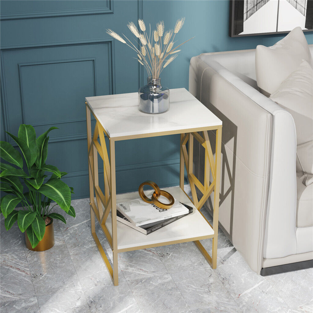 High Gloss Solid Marble Side Table Unique Design 2Tier Nightstand Sofa End Table