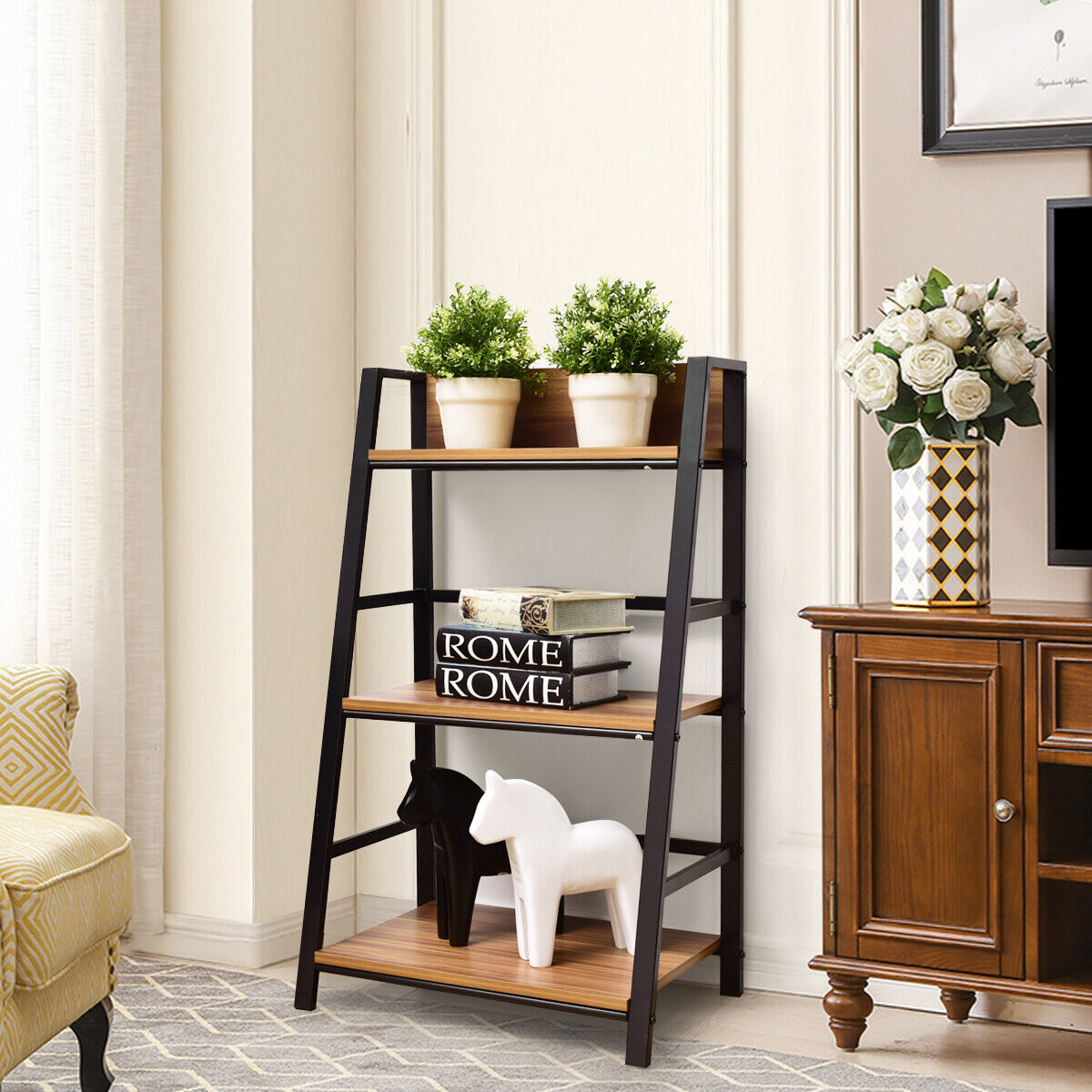 3 Tier Ladder Storage Book Shelf Wall Bookcase Bundle Modern Floor Decor