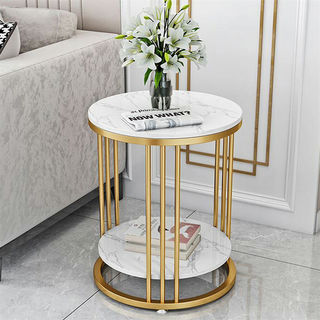 White Accent Side Table Round Sofa End Table with Sintered Stone ? Metal Frame