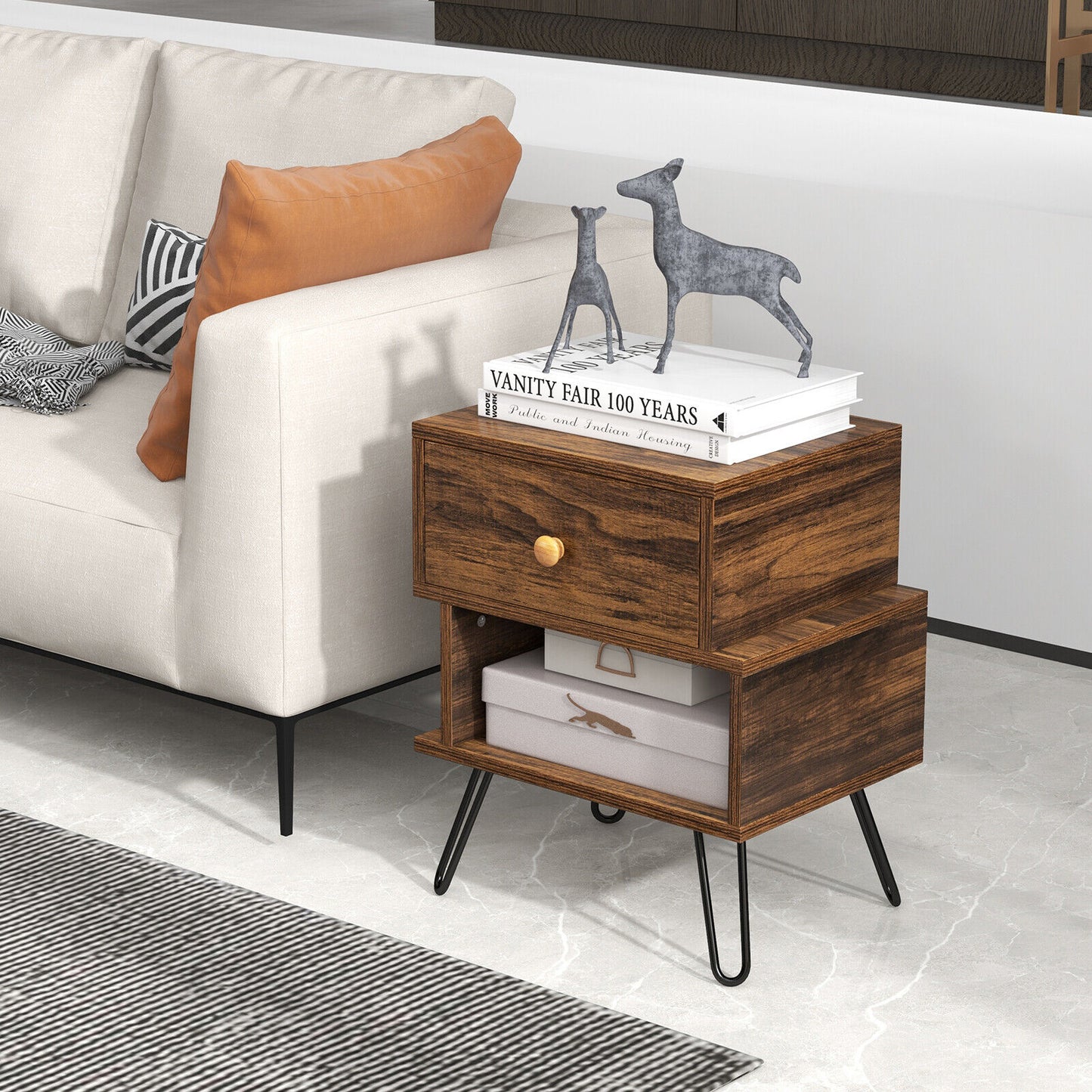 2-Tier Nightstand Set of 2 Irregular Wooden Bedside Storage Table