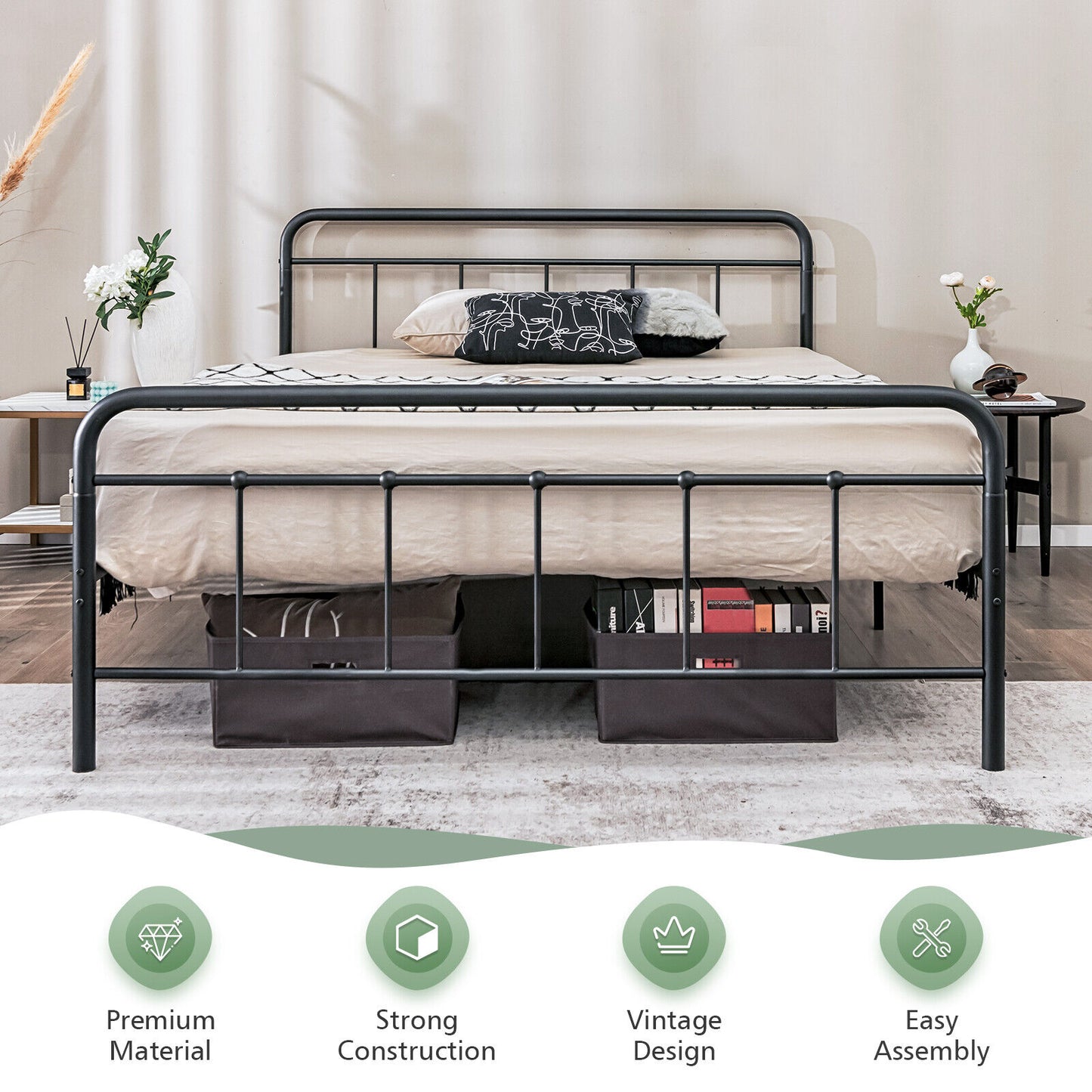 Bed Frame Metal Double Size Heavy-Duty Mattress Base Foundation Black