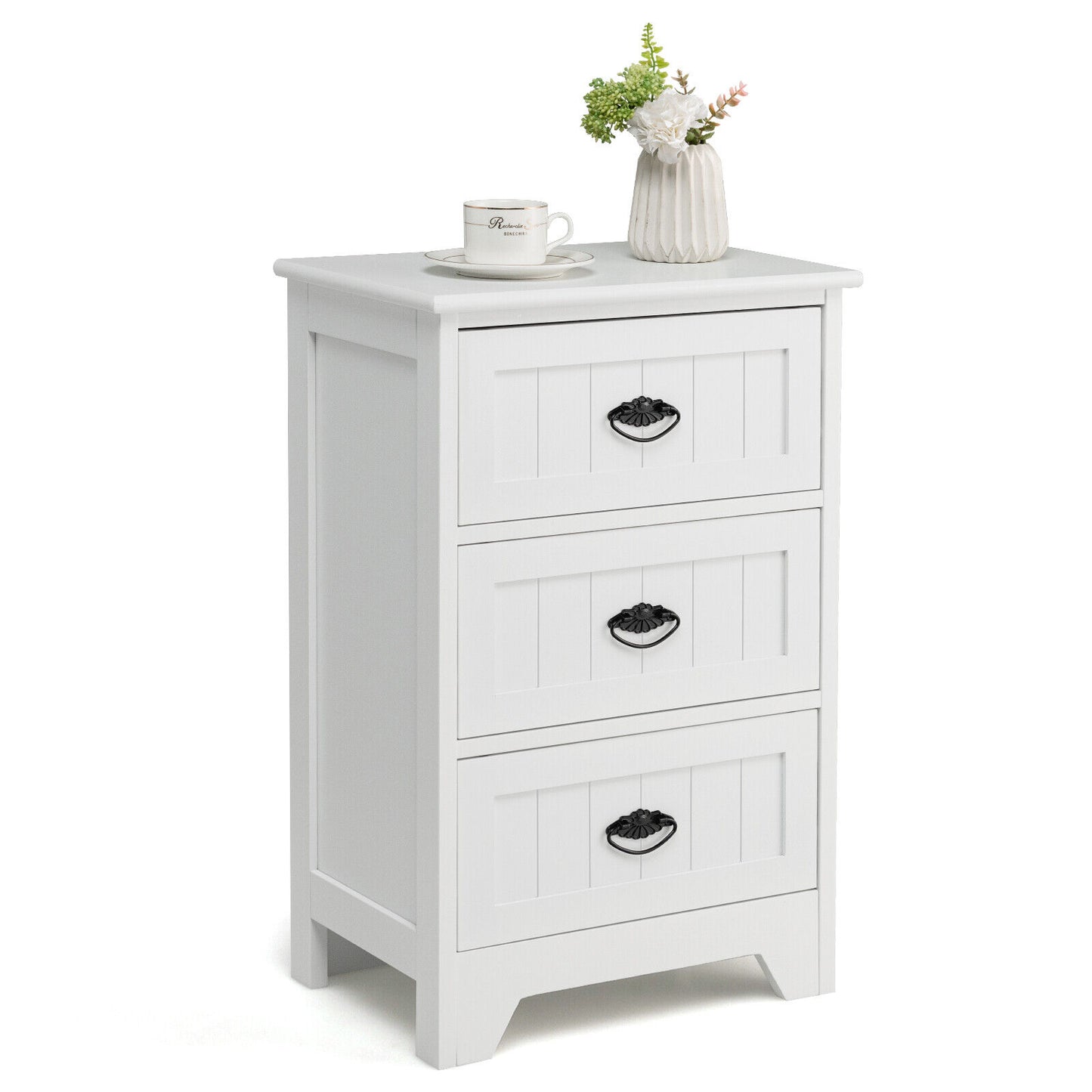 Bedside Table 3-Drawer Sofa Side End Table Wood Nightstand Bedroom White