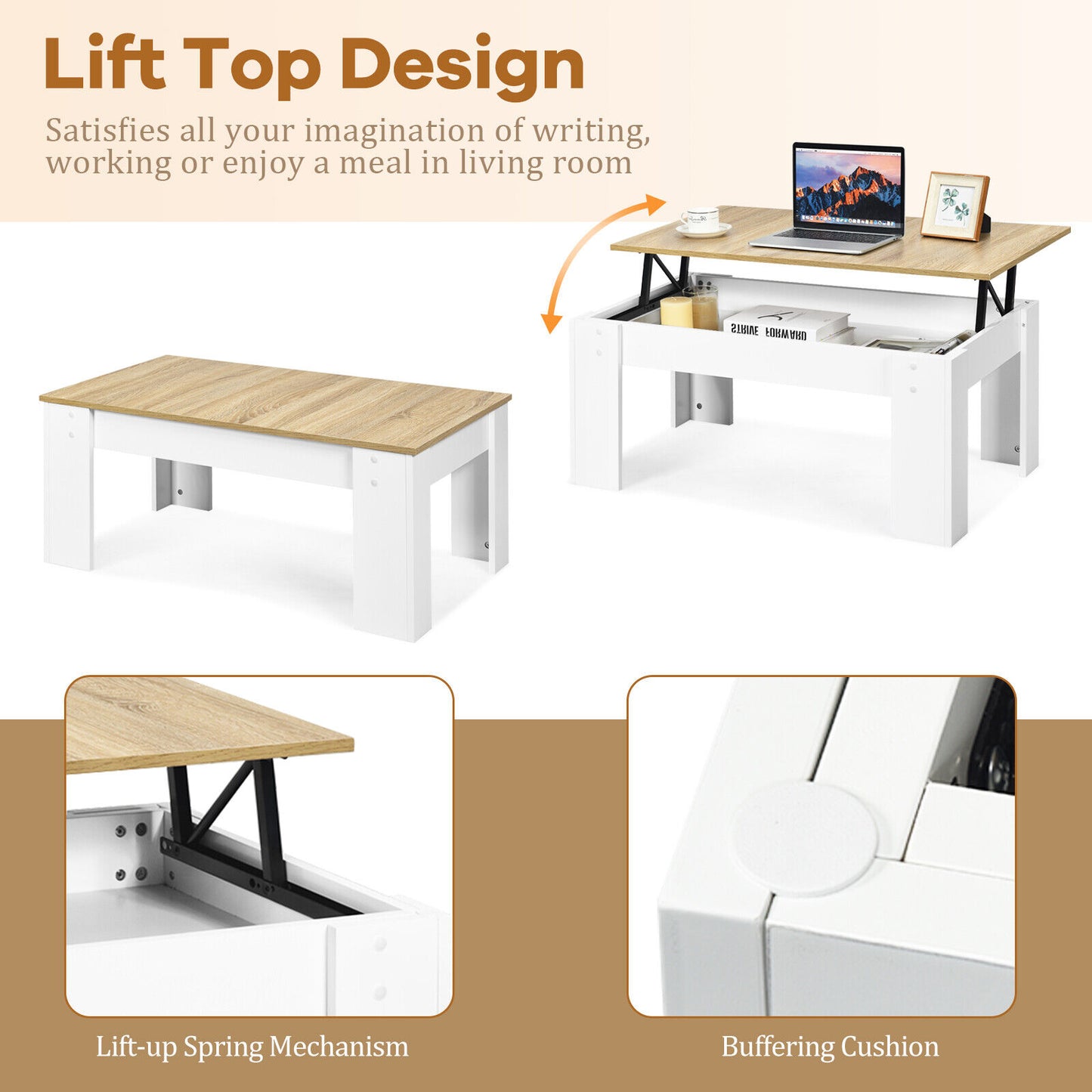 Lift Up Top Table Mechanical Coffee Table w/ Storage Compartment Modern White