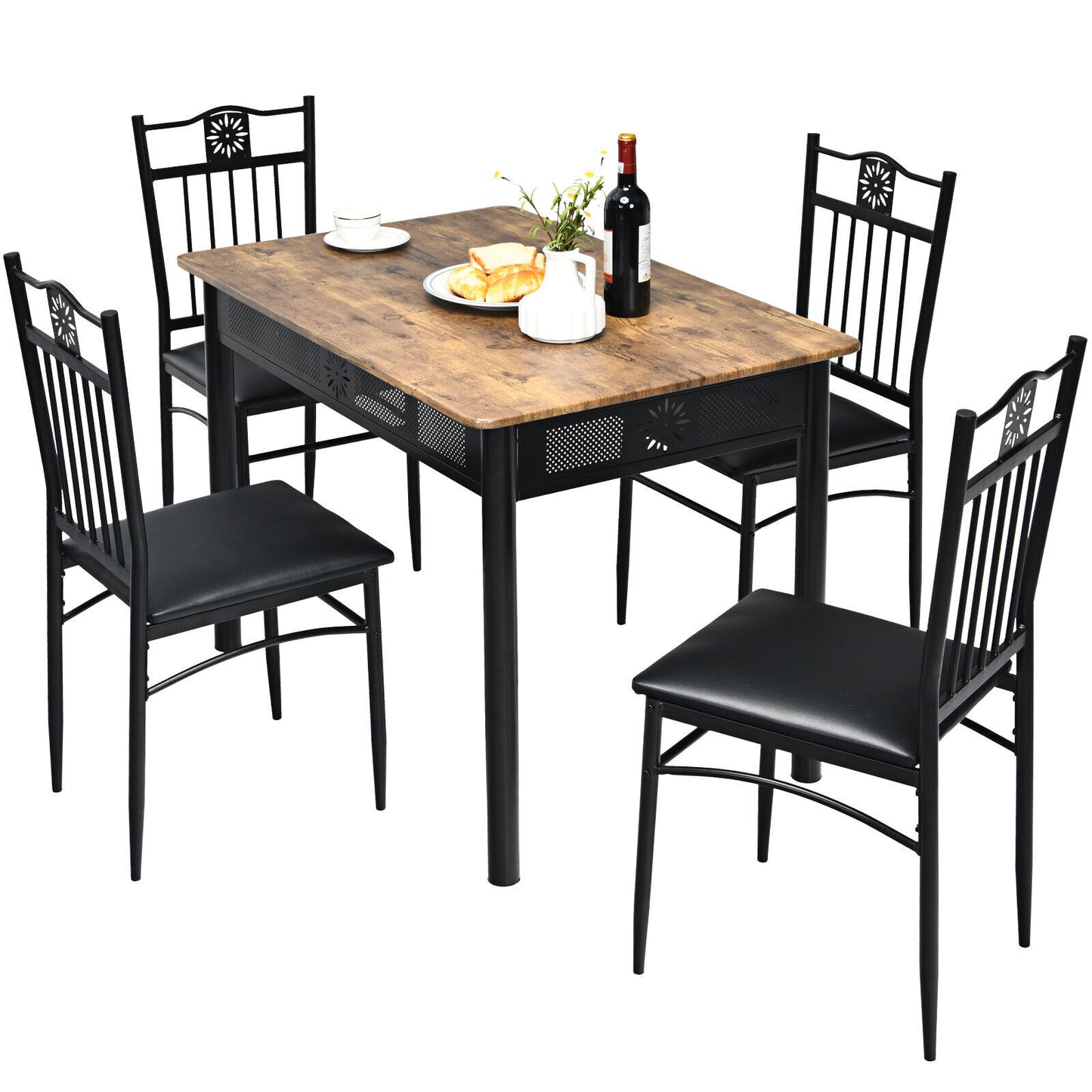 5Pcs Dining Table Set w/ 4 Padded Chairs Metal Frame Kitchen Cafe Rustic