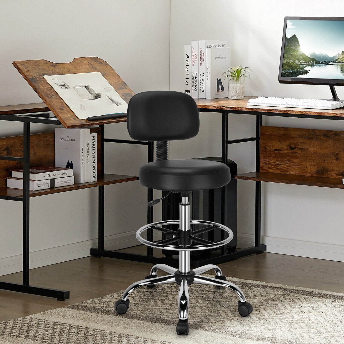 Swivel Drafting Chair Tall Office Standing Desk Chair Stool Footrest