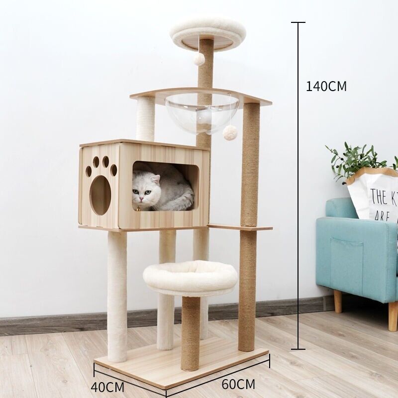 140cm Wooden Cat Tree Tower Scratching Post Scratcher Cats Condo House Bed