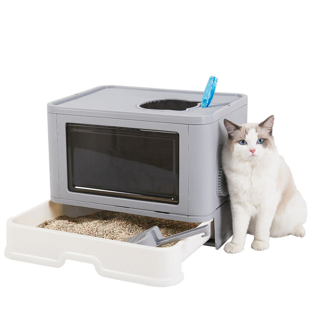 Self-Cleaning Foldable Cat Litter Box Cat Potty Toilet Tray with Grooming Brush