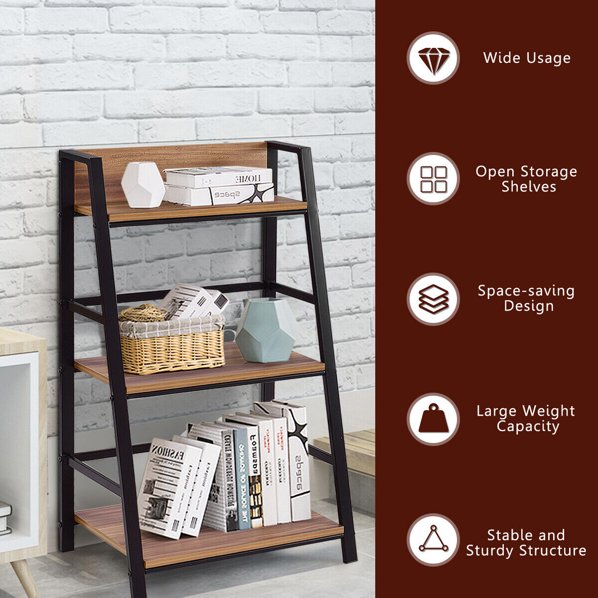 3 Tier Ladder Storage Book Shelf Wall Bookcase Bundle Modern Floor Decor