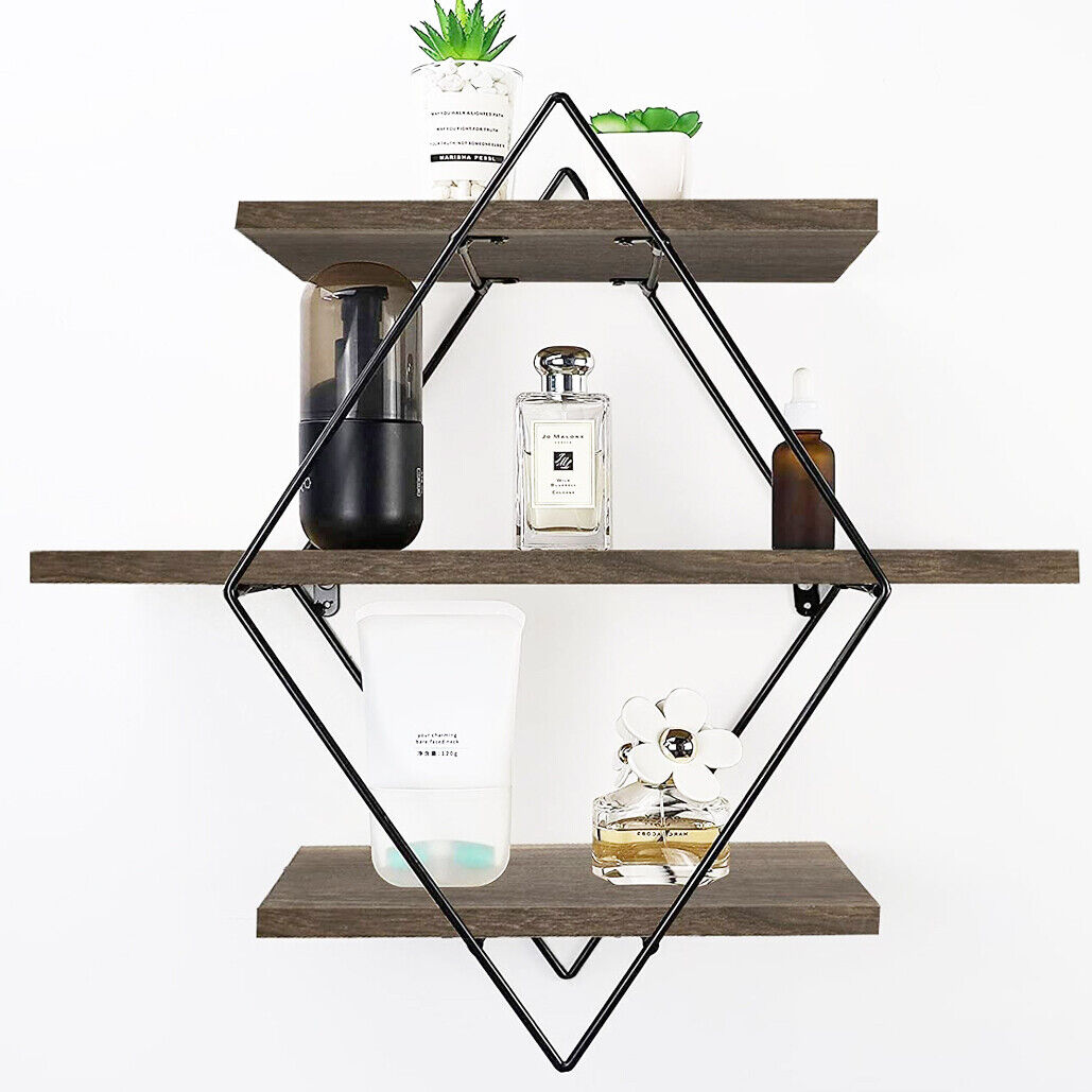 3 Tier Diamond Solid Metal Storage Shelves Wall Hanging Floating Display Shelf