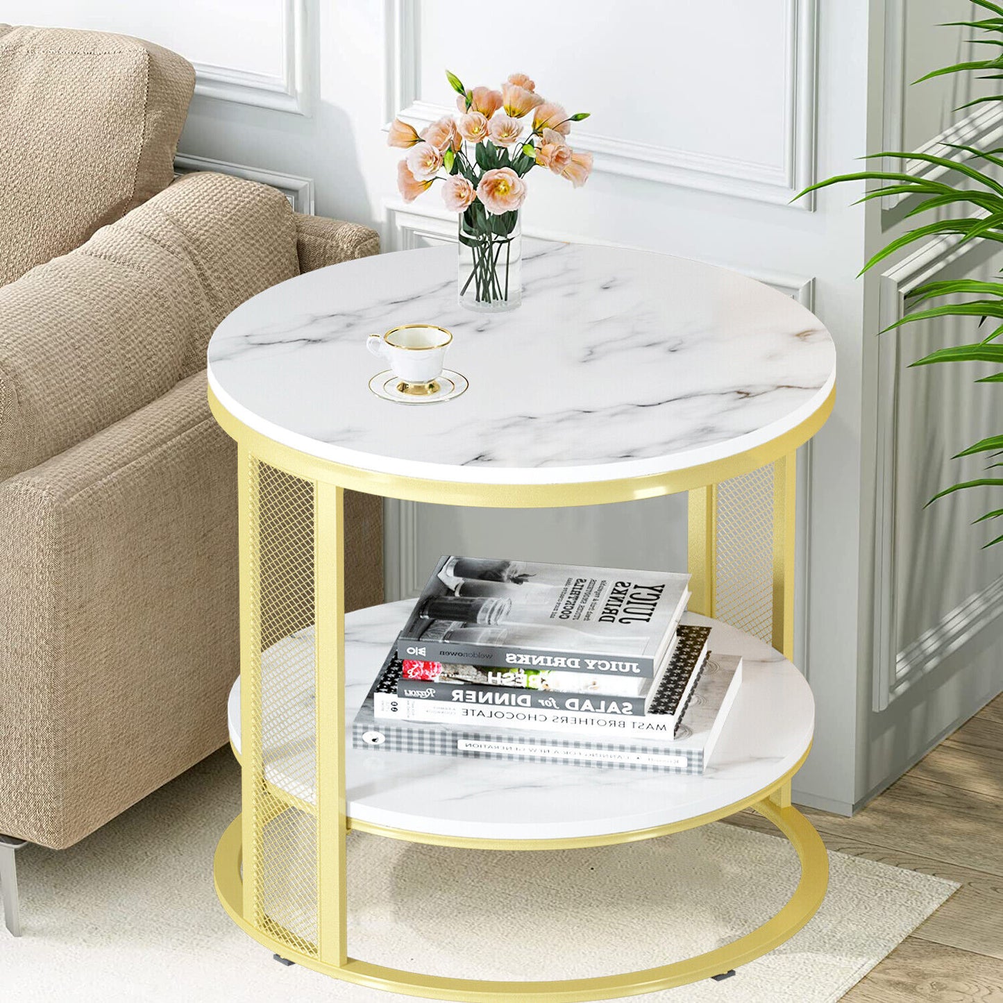 Round Dual Tier Marble Coffee Side Table Sofa Table Nordic Bedside Nightsand