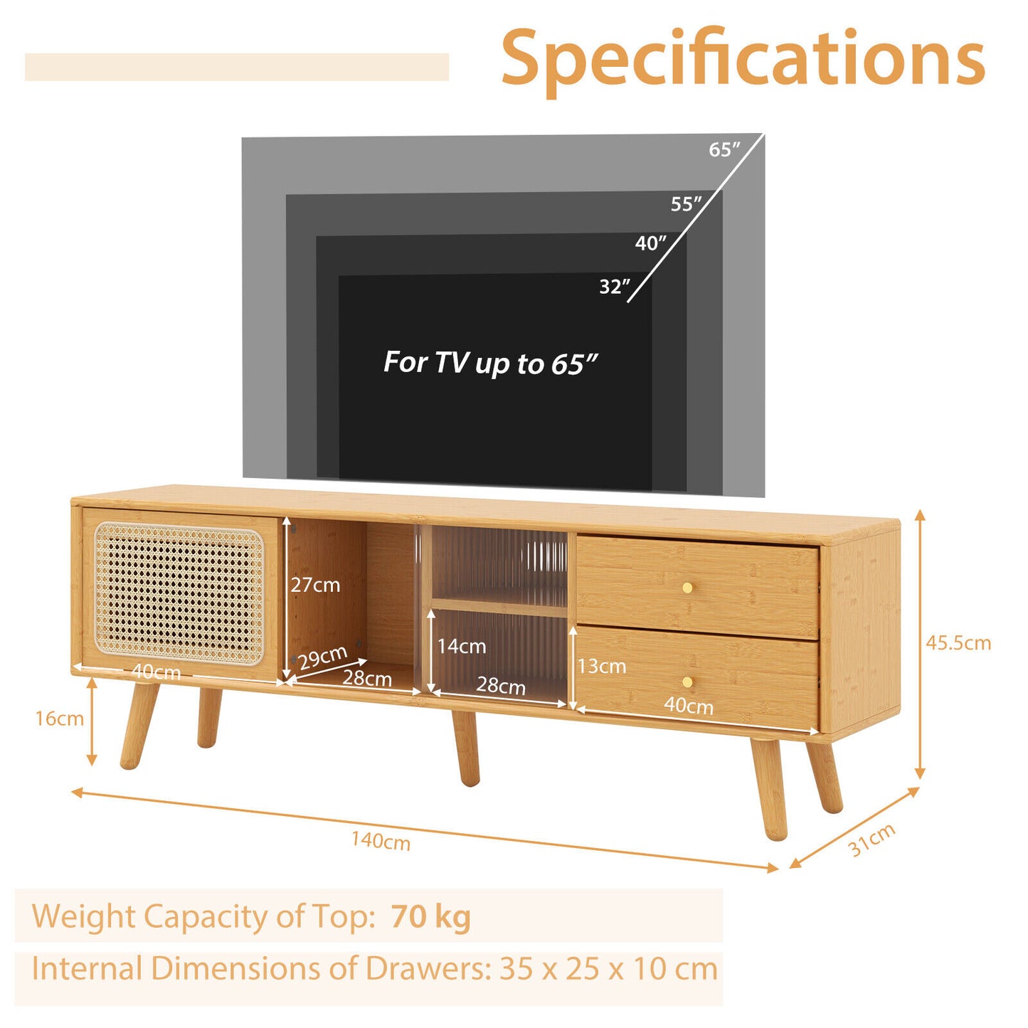 Bamboo TV Stand for TV up to 65 inch Mid Century Modern TV Console Table w/Glass