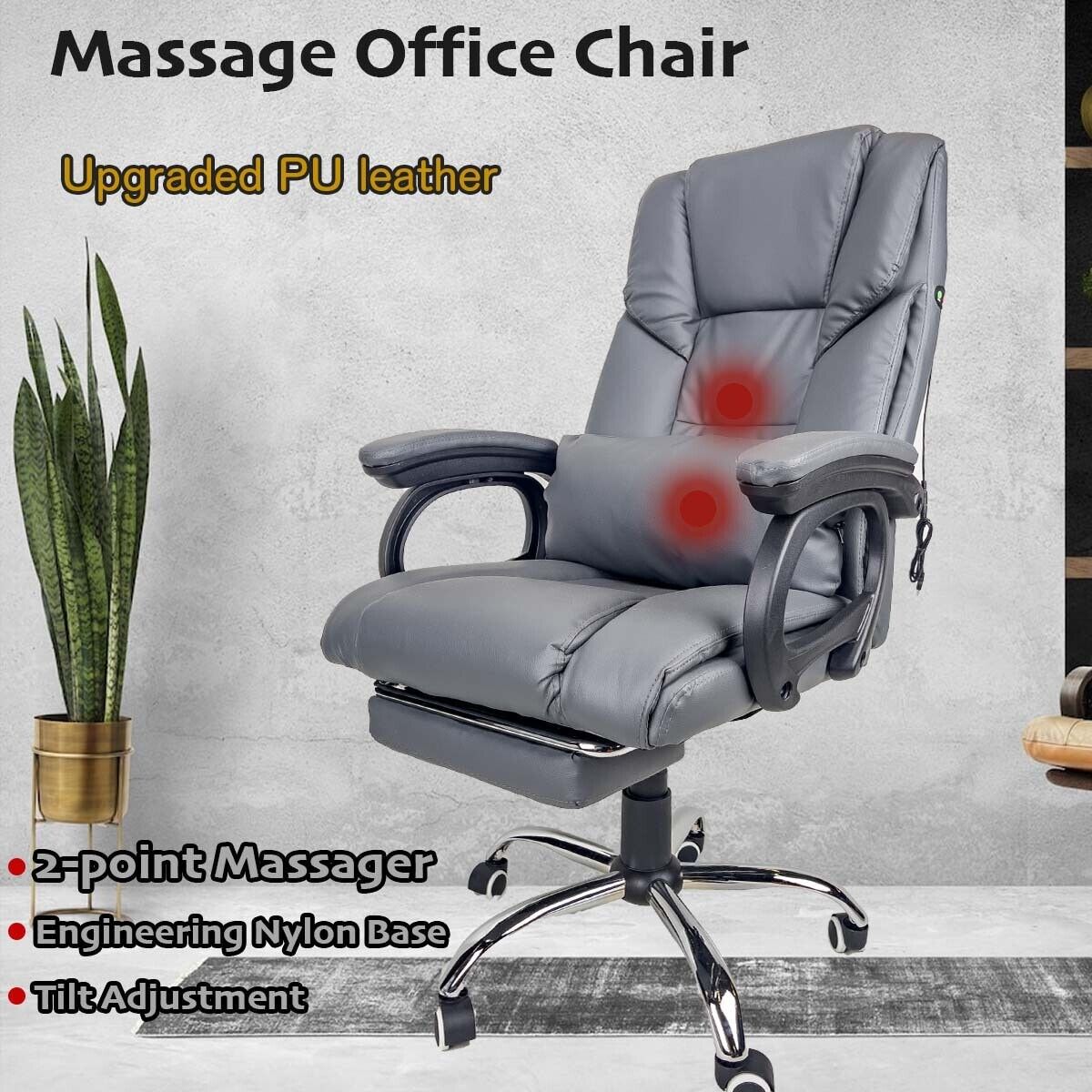 Office Chair with Massager Premium PU Leather Recliner Computer Gaming Seat