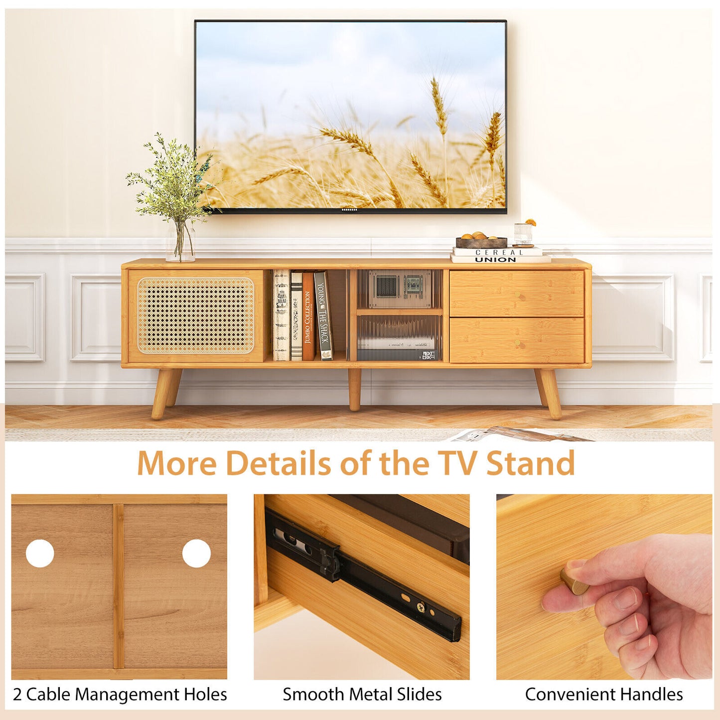 Bamboo TV Stand for TV up to 65 inch Mid Century Modern TV Console Table w/Glass