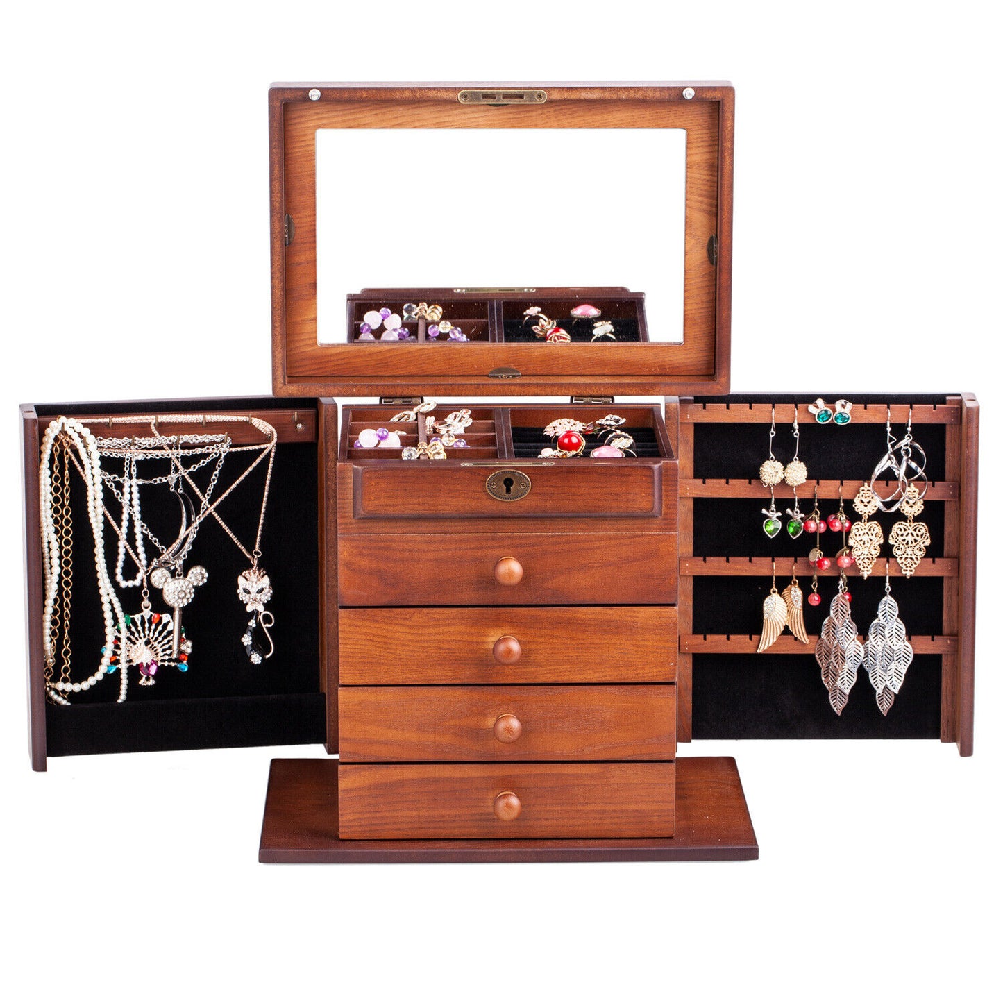 Stylish Brown Wooden Jewelry Cabinet: Large Rings Display Cabinet with Earring Storage Organiser