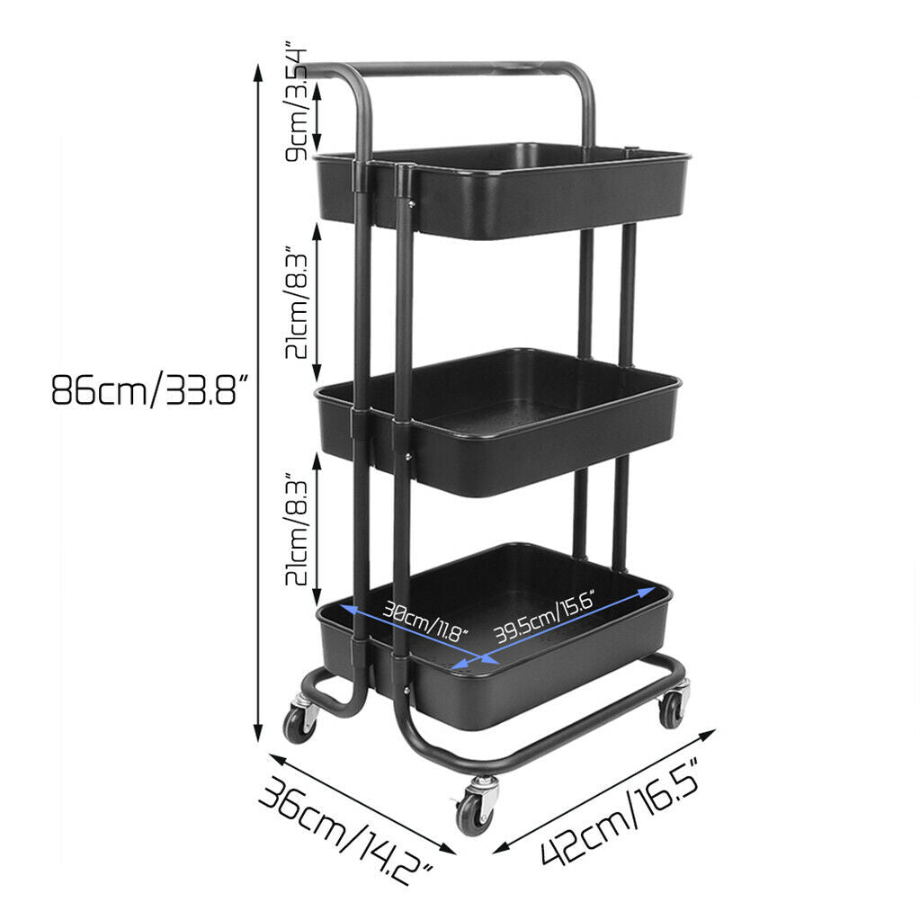 3-Tier Rolling Cart Basket Storage Serving Trolley Organiser w/ Ergonomic Handle