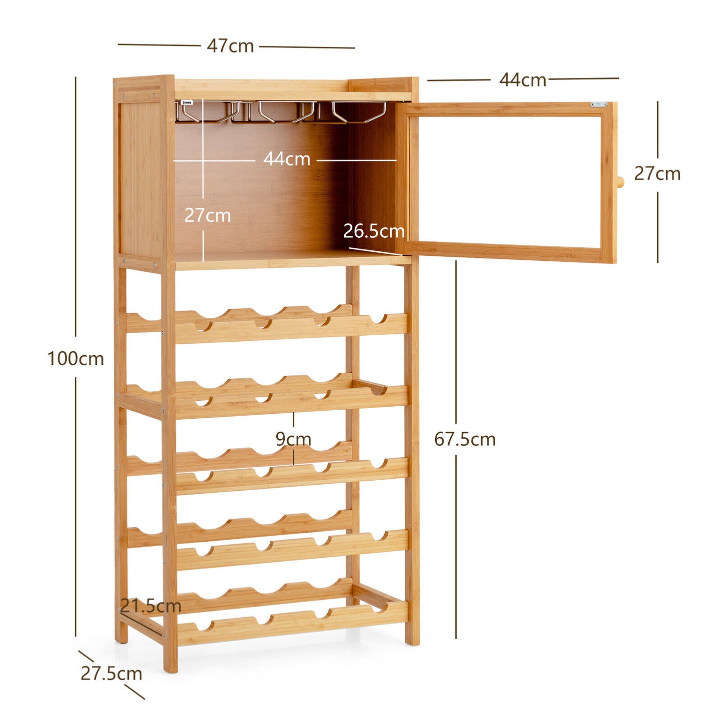 20-Bottle Wine Rack Cabinet Bamboo Display Shelf w/ Glass Holder Kitchen