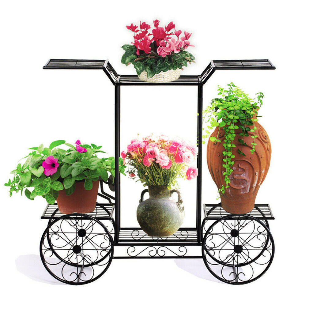 Outdoor Indoor Pot Plant Stand Garden Decor Flower Rack Wrought Iron 4 Wheeler