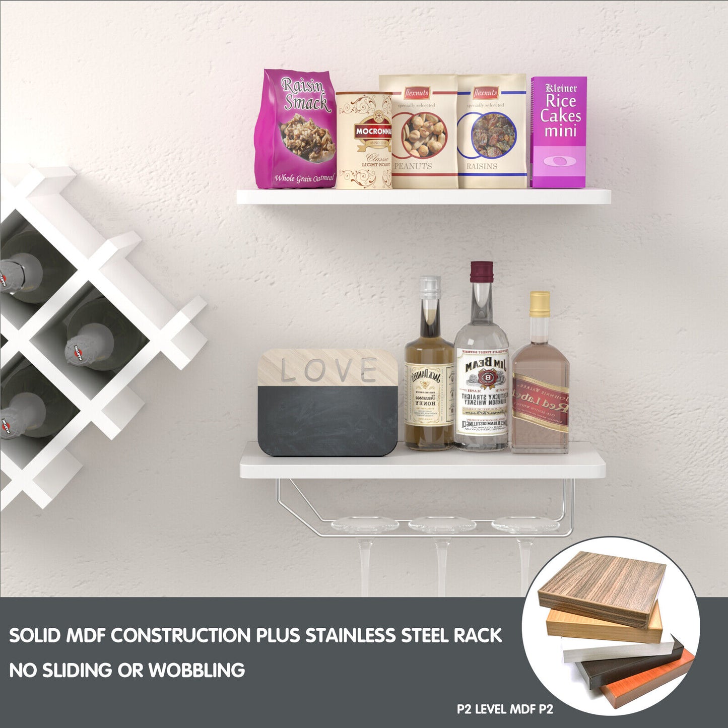 Set of 5 Wall Mount Wine Rack Set w/ Storage Shelves & Glass Holder