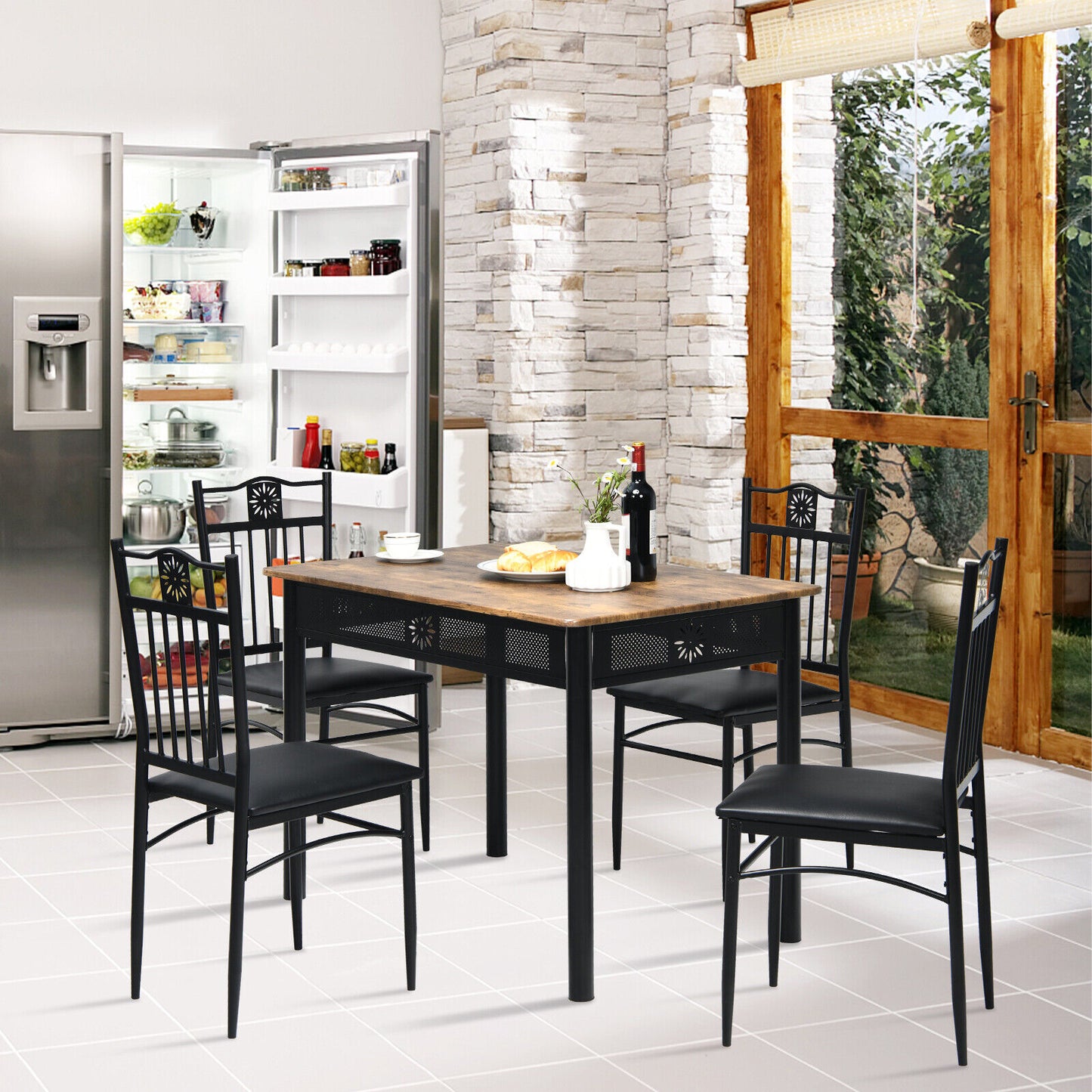 5Pcs Dining Table Set w/ 4 Padded Chairs Metal Frame Kitchen Cafe Rustic