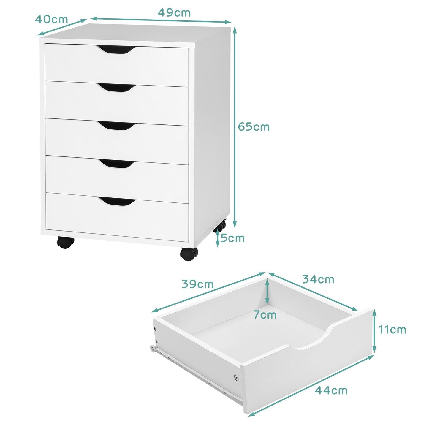 Filing Cabinet 5 Chest of Drawers Rolling Storage Cabinet Printer Stand White