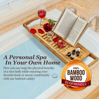 Expandable Bamboo Bath Caddy Book iPhone Wineglass Holder Over Bathtub Rack