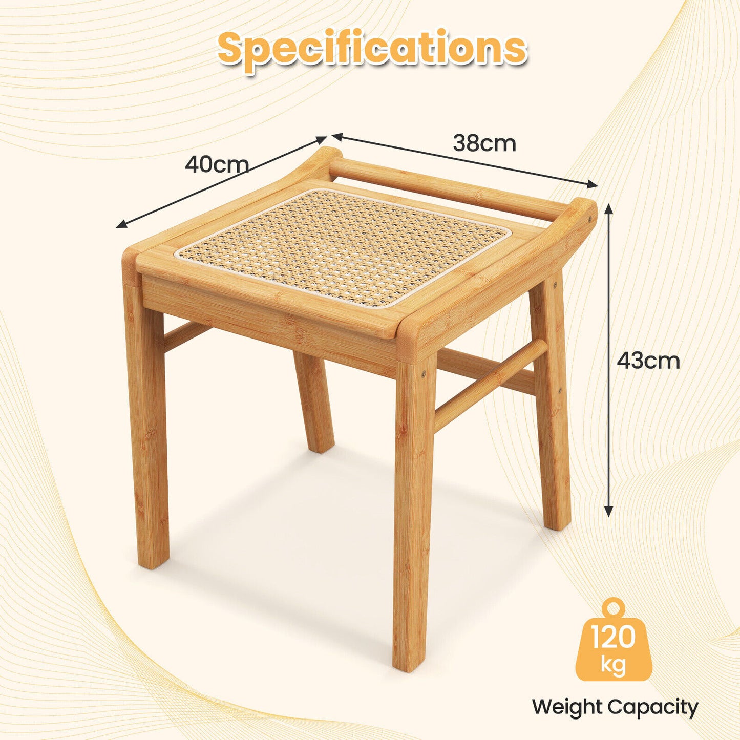 Bamboo Vanity Stool Rattan Top Dressing Ottoman Footrest w/ Anti-slip Foot Pads