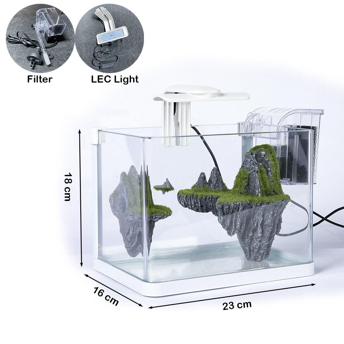 Aquarium Fish Tank Curved Glass RGB LED Light Complete Set Filter Pump 8 L