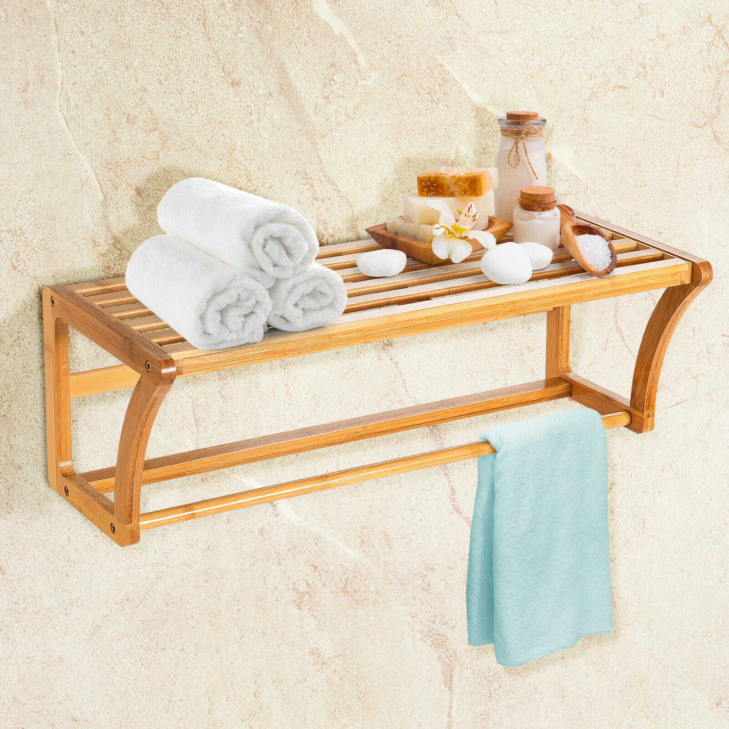 Bathroom Towel Rack Holder Rail Bamboo Wall-Mounted Toilet Storage Shelf