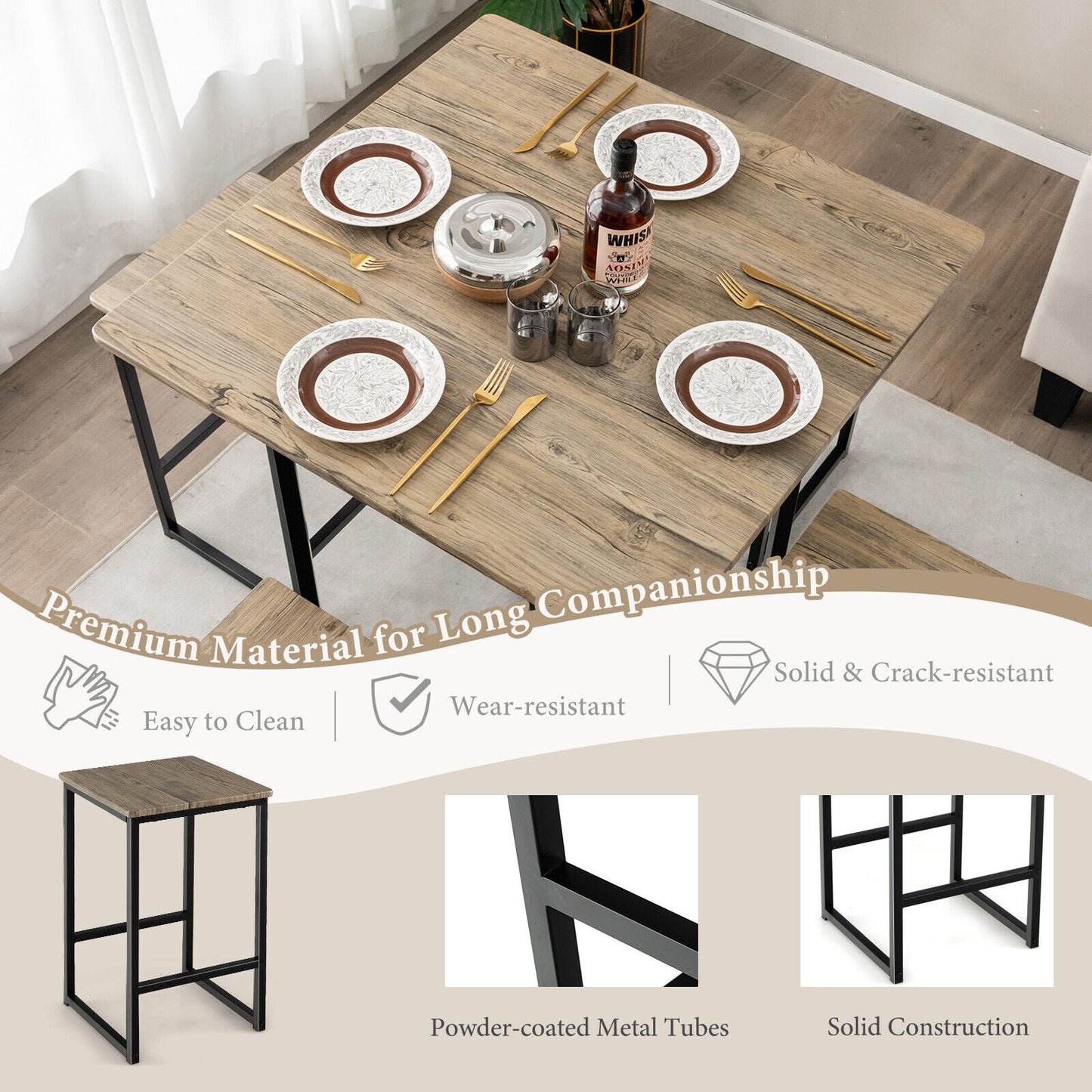 5-Piece Dining Table Set Kitchen Square Table & Stools Industrial Metal Frame