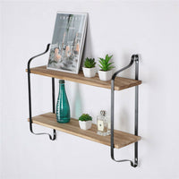 2 Layer Wood Wall Shelves Home Decor Floating Shelf Metal Hanging Storage Rack