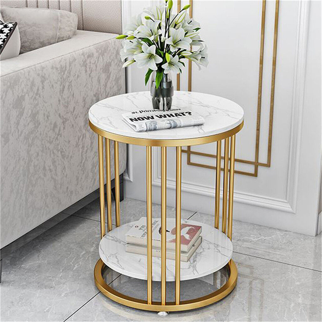 Delicate 2 Tier Gold Side End Table Marble Round Accent Furniture Bedside Table