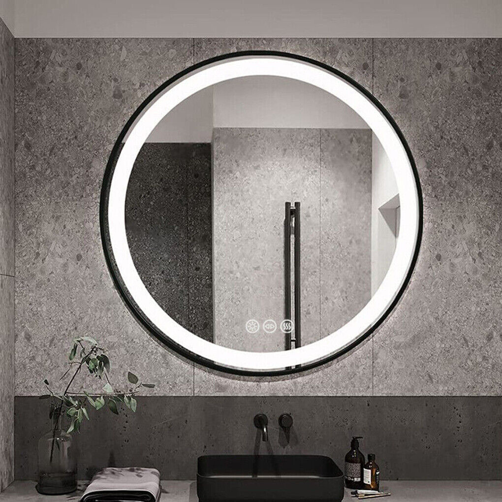 Black Aluminum Frame Round LED Lighted Bathroom Vanity Mirror Anti-Fog Dimmable