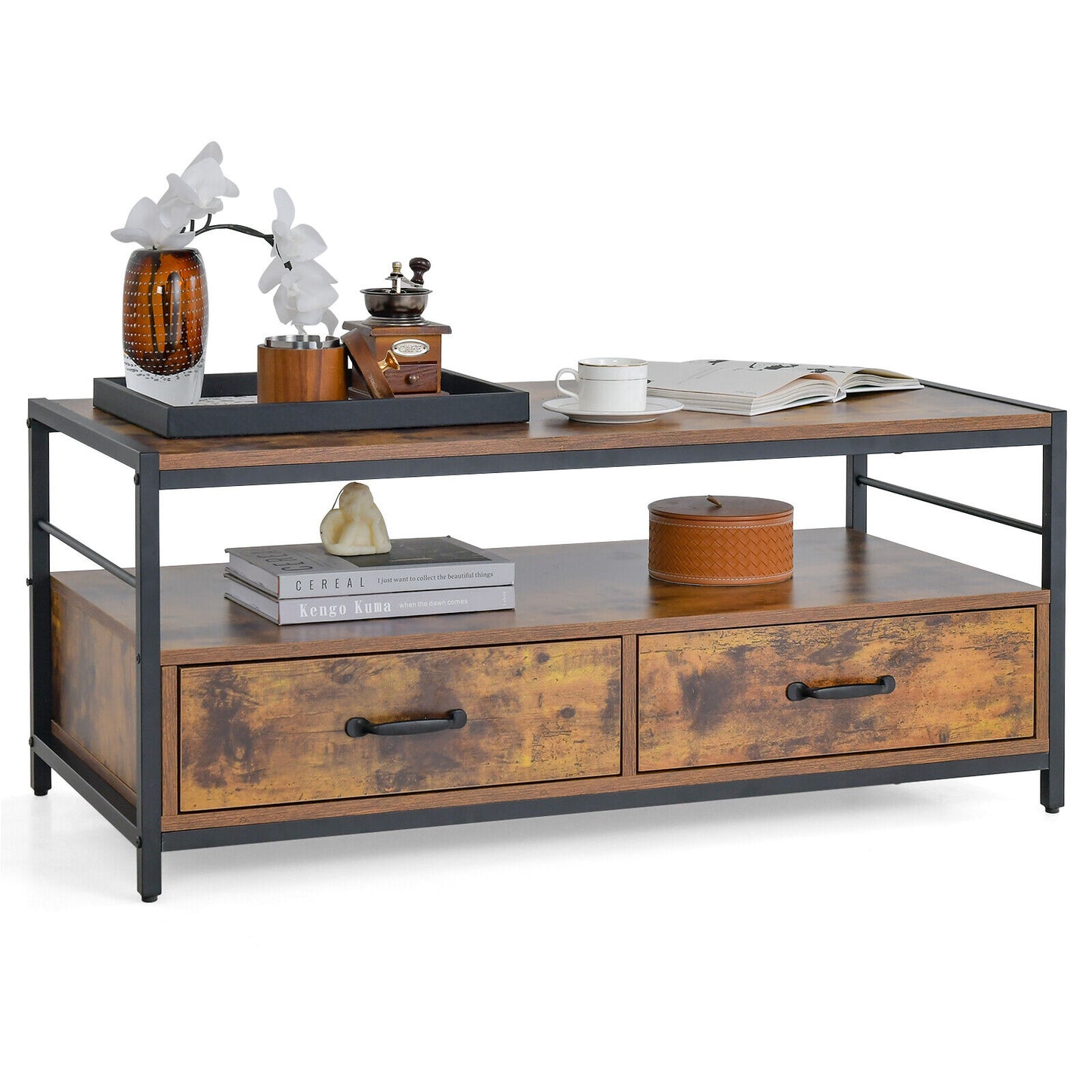 Industrial Coffee Table w/ Storage Drawers & Shelf Rectangular Accent