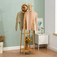 Bamboo Hall Tree Coat Rack w/ 2 Tier Storage Shelves Home Bedroom Clothes Hanger